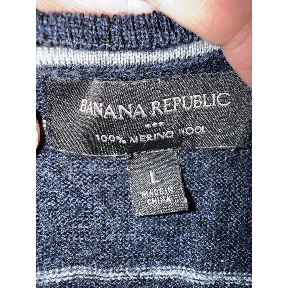 Banana Republic Merino Wool Sweater Men Large Navy Stripe Crew Neck Lightweight